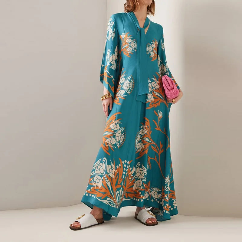 Robe imprimée élégante à col montant – Robe décontractée taille haute à manches longues et ample
