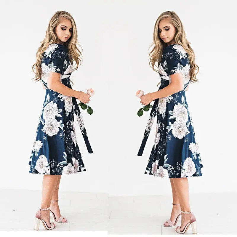 Bohemian V-Neck Floral Summer Dress – Casual Loose Empire Sundress