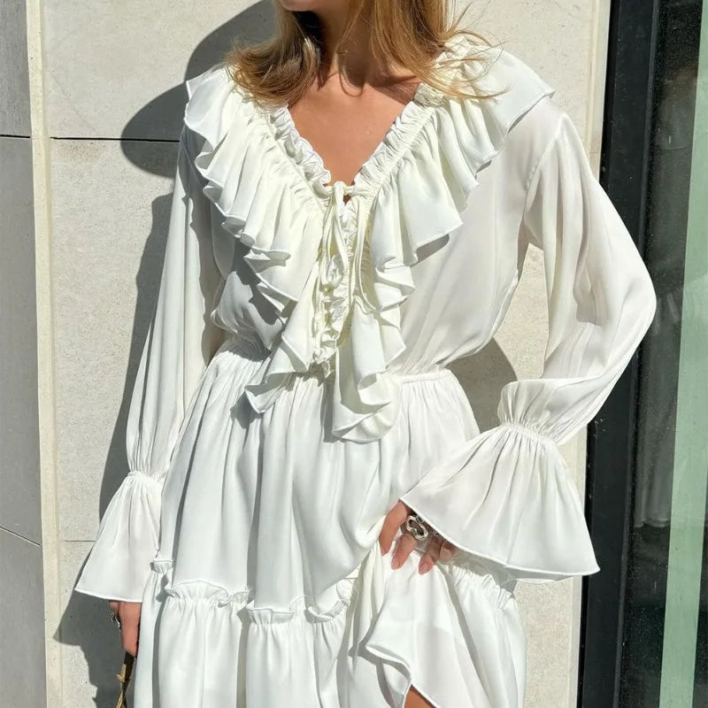 Talenza White Ruffle Bandage Mini Dress – Elegant V-Neck Lace-Up Long Sleeve Dress