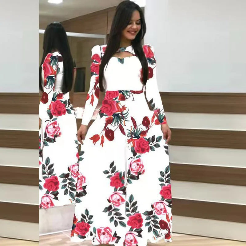 Robe à manches longues et imprimé floral pour femme, coupe ajustée et ajourée – Robe printemps-automne