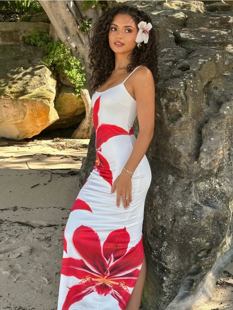 Robe longue imprimée d'été Tossy pour femme – Dos nu, taille haute, fines bretelles