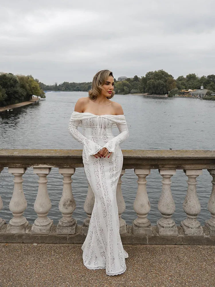 Chic One-Shoulder Lace Long Dress – Women’s Hollow Out Slim Fit Party Dress
