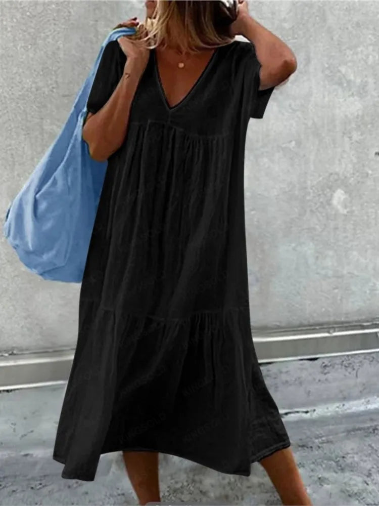 Solid Color Cotton Linen Midi Dress for Women – Casual V-Neck Short Sleeve Loose Fit