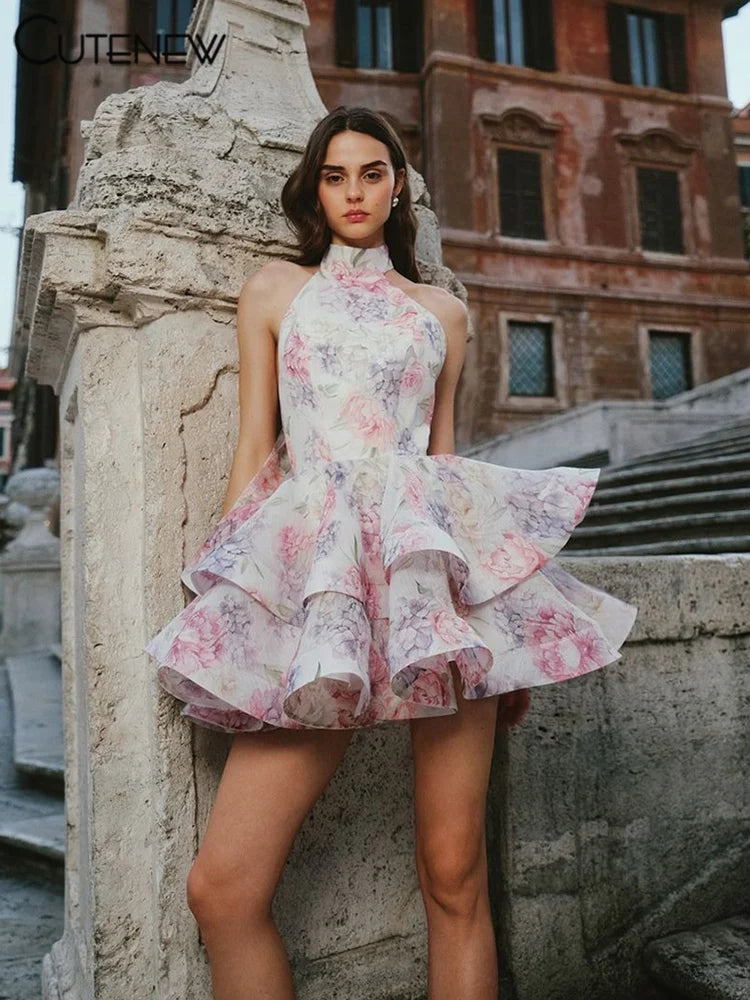 Cutenew Halter Lace-Up Backless Mini Dress – Sweet Ruffle A-Line Bodycon Party Dress