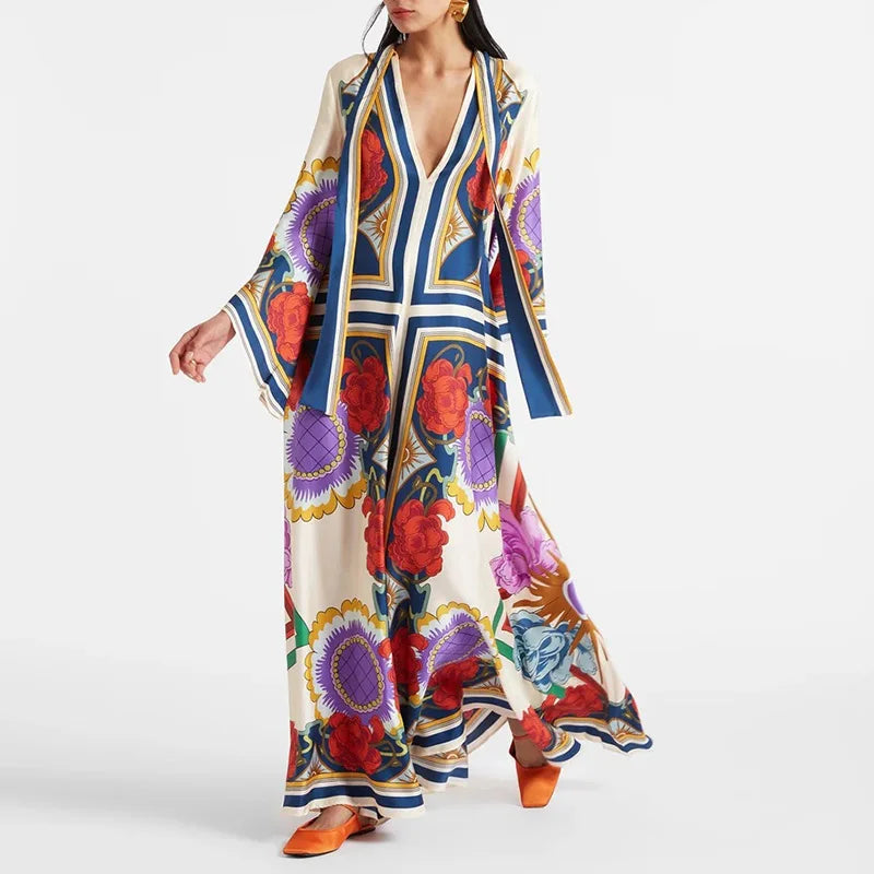 Robe imprimée élégante à col montant – Robe décontractée taille haute à manches longues et ample