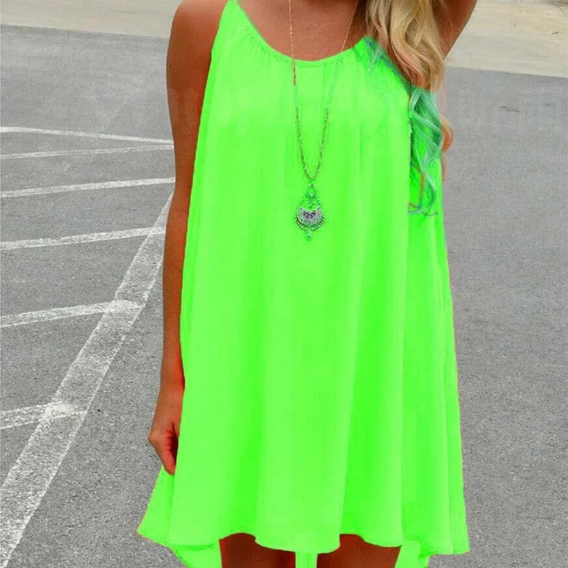 Loose Casual Summer Mini Dress – Sleeveless Spaghetti Strap Hollow-Out Bodycon