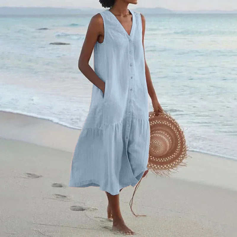 Summer Cotton Linen Patchwork Dress – V-Neck Sleeveless Midi with Pockets