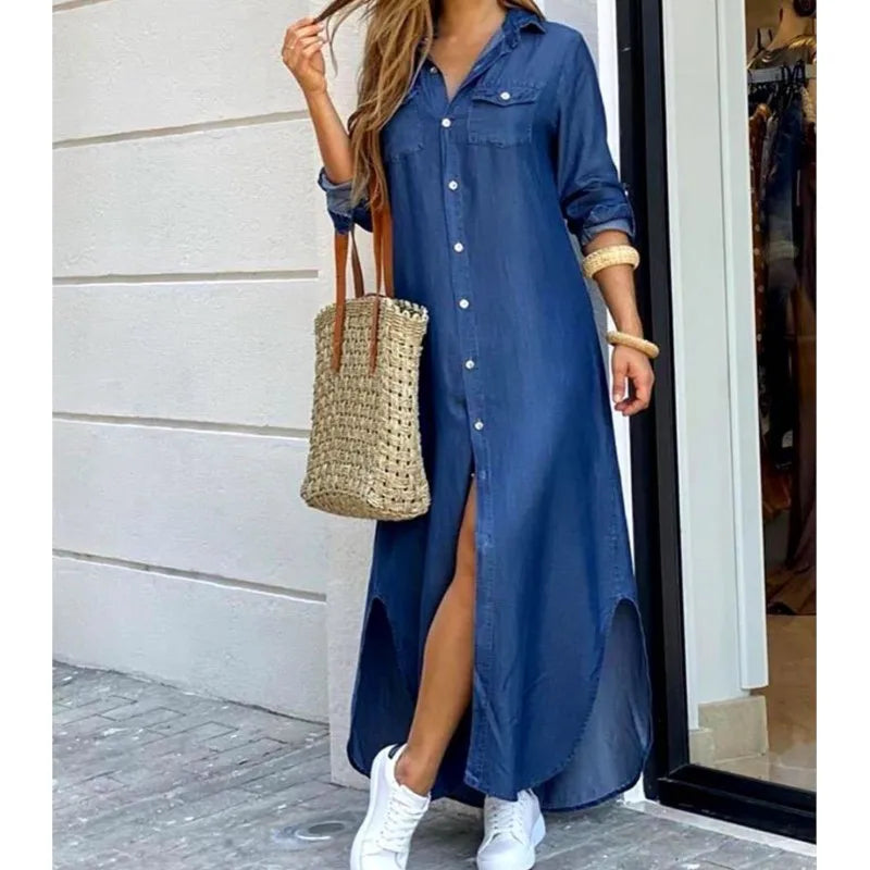 Elegant Women’s Long Sleeve Plaid Maxi Dress – Irregular Hem Shirt Dress with Buttons