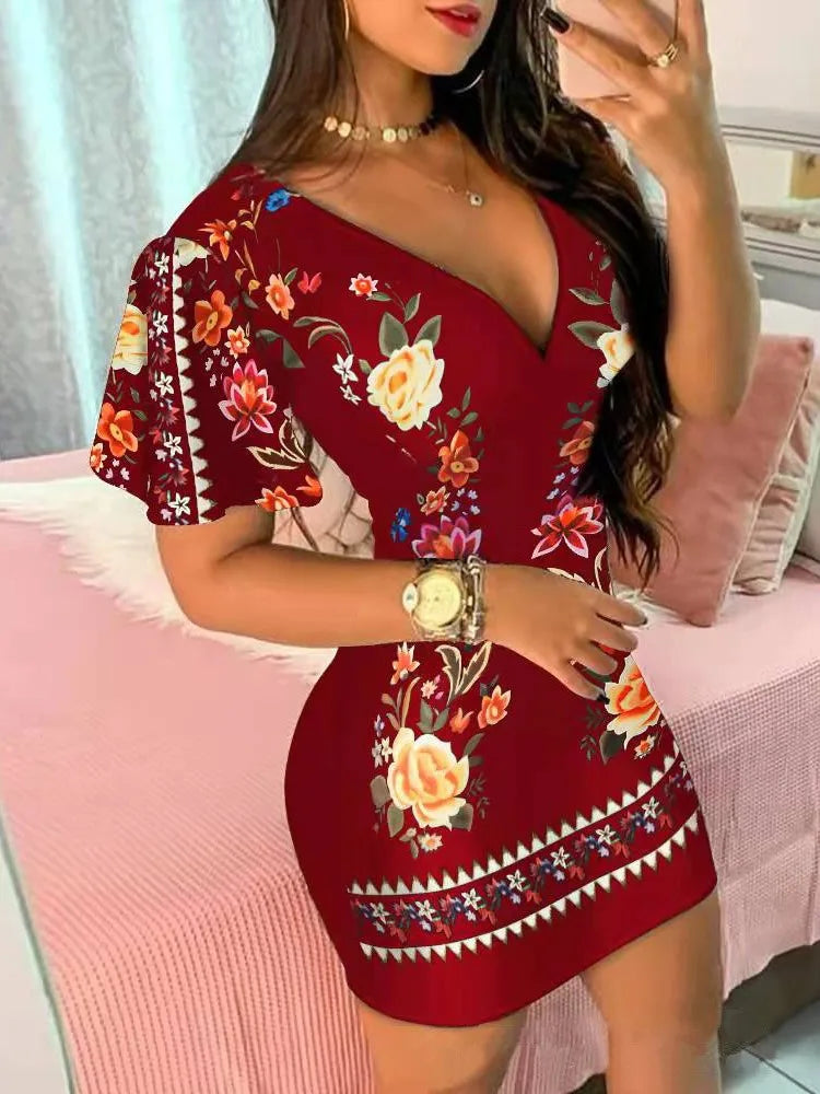 Summer Floral Print Bodycon Mini Dress Women