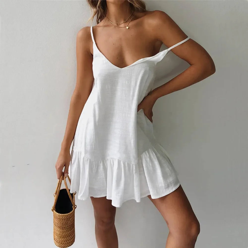 Robe mini sexy à volants et bretelles spaghetti pour femme