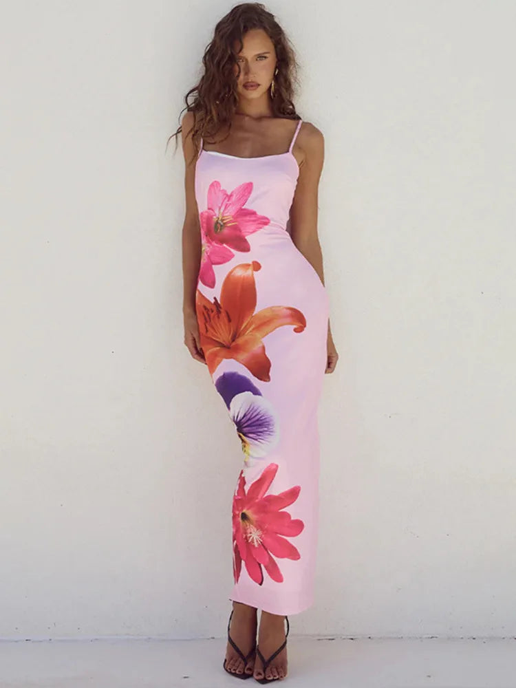 Floral Spaghetti Strap Bodycon Midi Dress – Elegant Sleeveless Backless Summer Gown