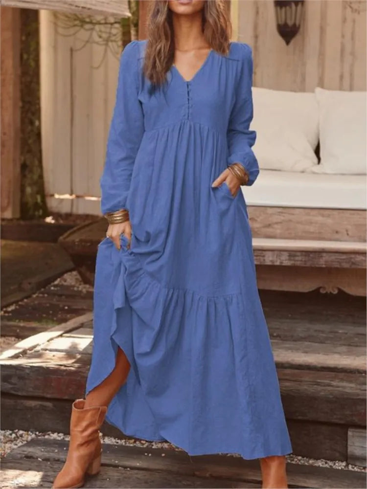 Vintage Cotton Linen Maxi Dress – Women’s Casual Long Sleeve V-Neck Dress