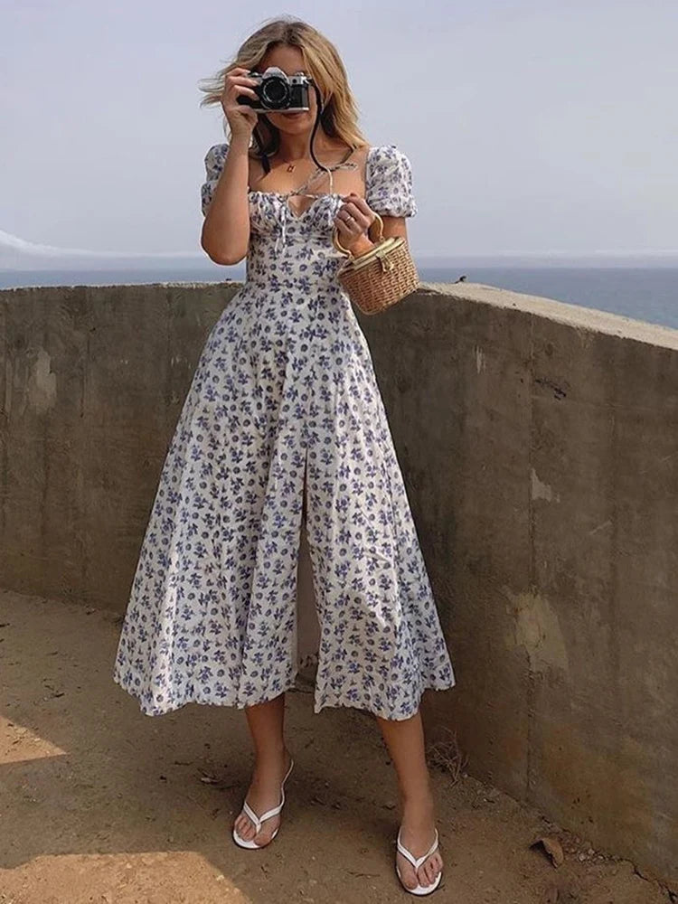 Summer Floral Puff Sleeve Dress – Elegant Long Dress for Women