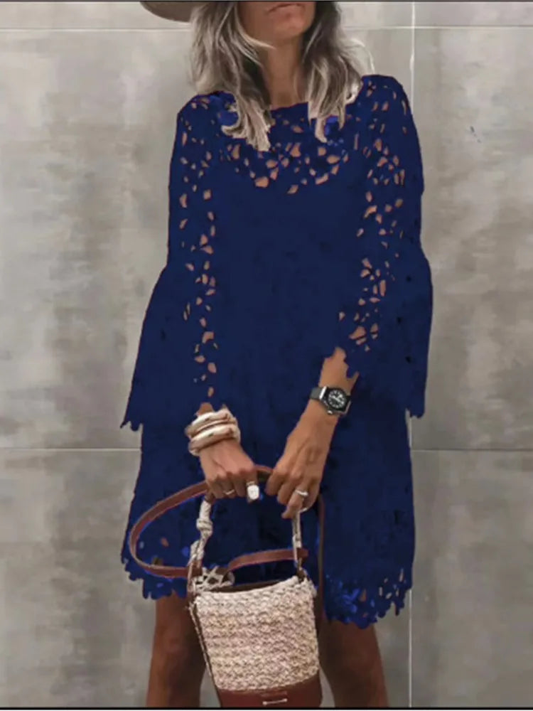 Lace Hollow Floral Dress – Elegant Long Sleeve Knee-Length Autumn Dress
