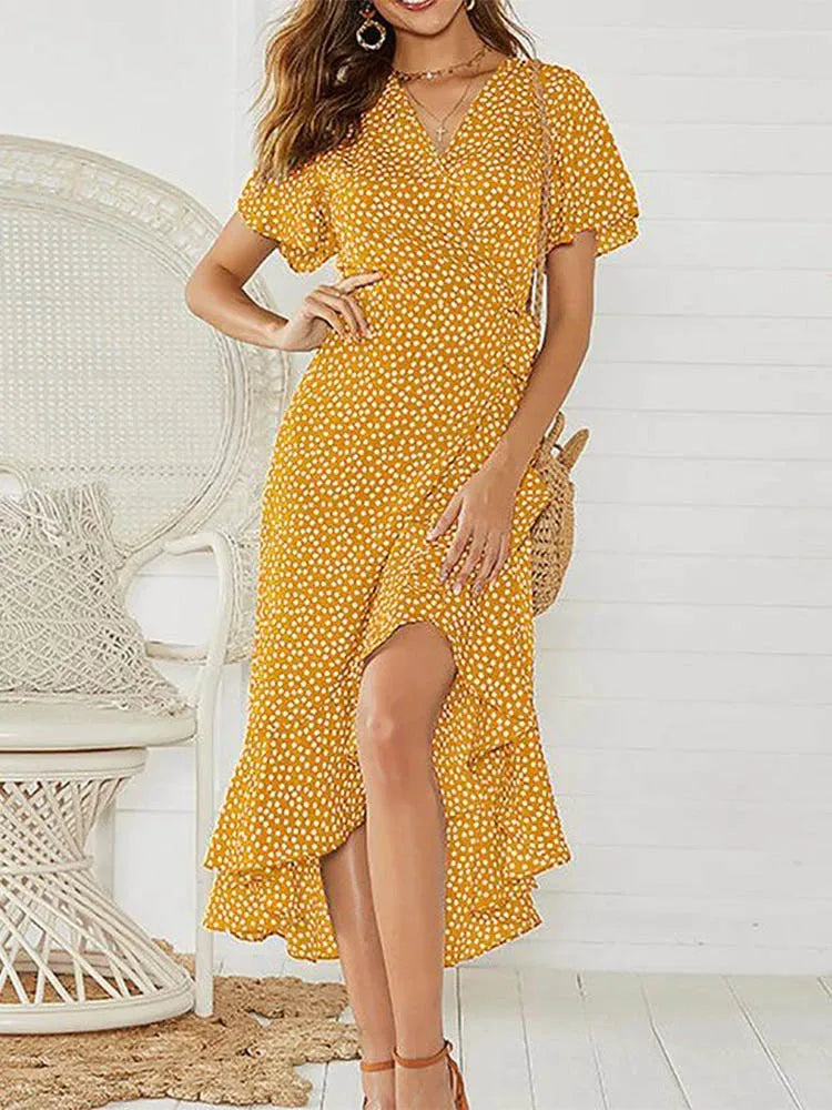 Summer Beach Maxi Dress for Women – Floral Print Boho Chiffon Ruffle Wrap Dress