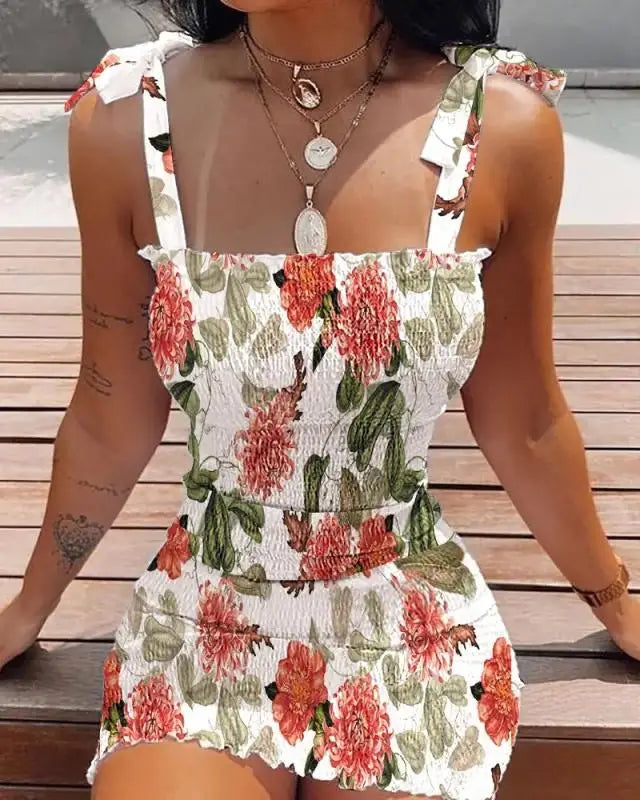 Summer Strapless Bow Mini Dress – Printed Sleeveless Commuter Dress