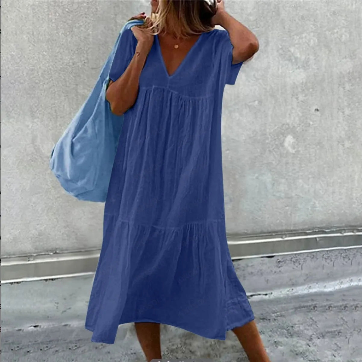 Solid Color Cotton Linen Midi Dress for Women – Casual V-Neck Short Sleeve Loose Fit