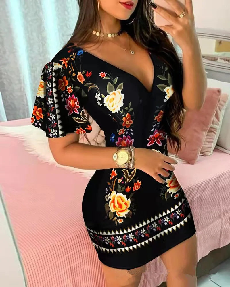 Summer Floral Print Bodycon Mini Dress Women