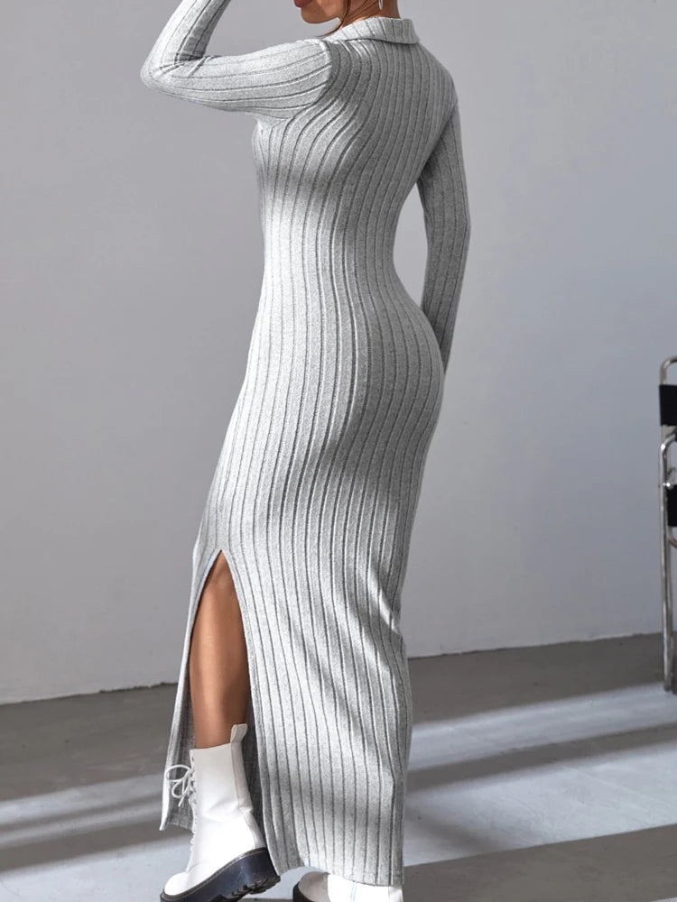 Sexy Knit V-Neck Sweater Dress – Women’s Long Sleeve Slim Fit Split Hem Dress