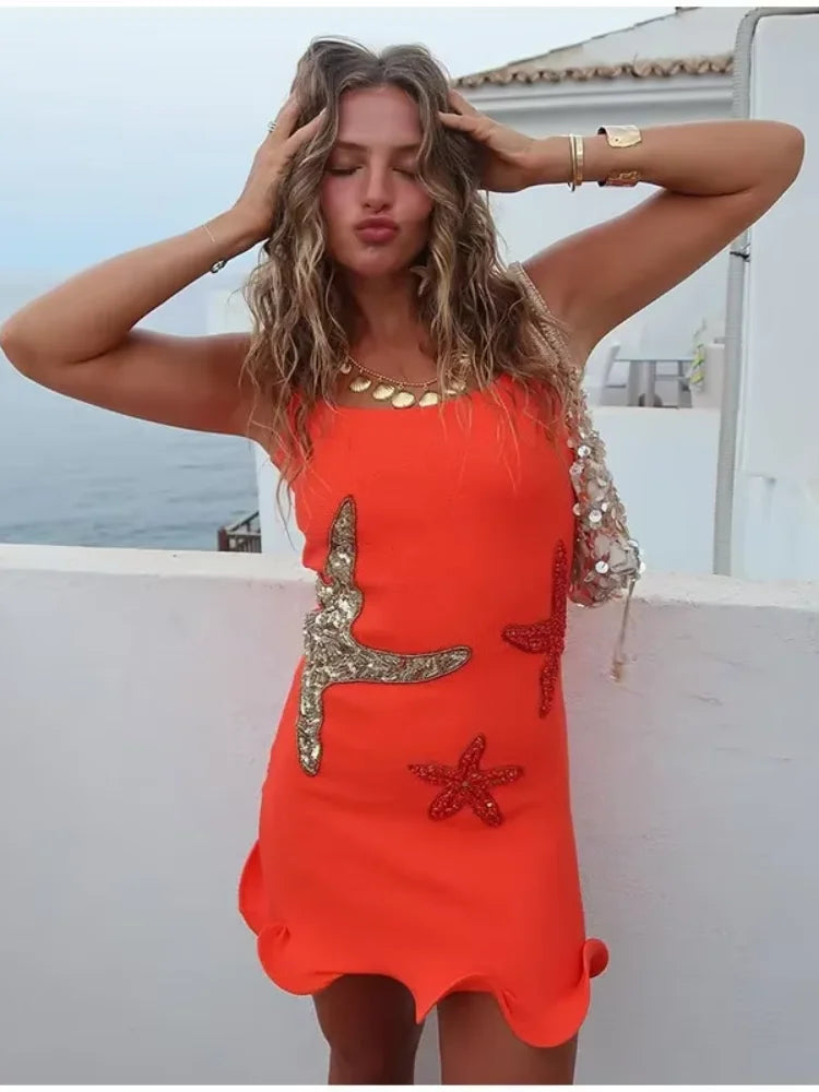 Women’s Glitter Sequin Mini Dress – Sleeveless Backless Knitted Bodycon Party Dress