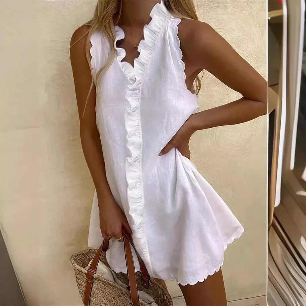 White Cotton Linen Mini Dress – Sleeveless V-Neck Ruffle Boho Summer Dress