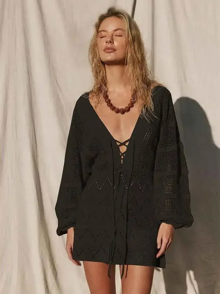 Sexy Deep V-neck Lace-up Mesh Mini Dress – Summer Beach Cover-Up