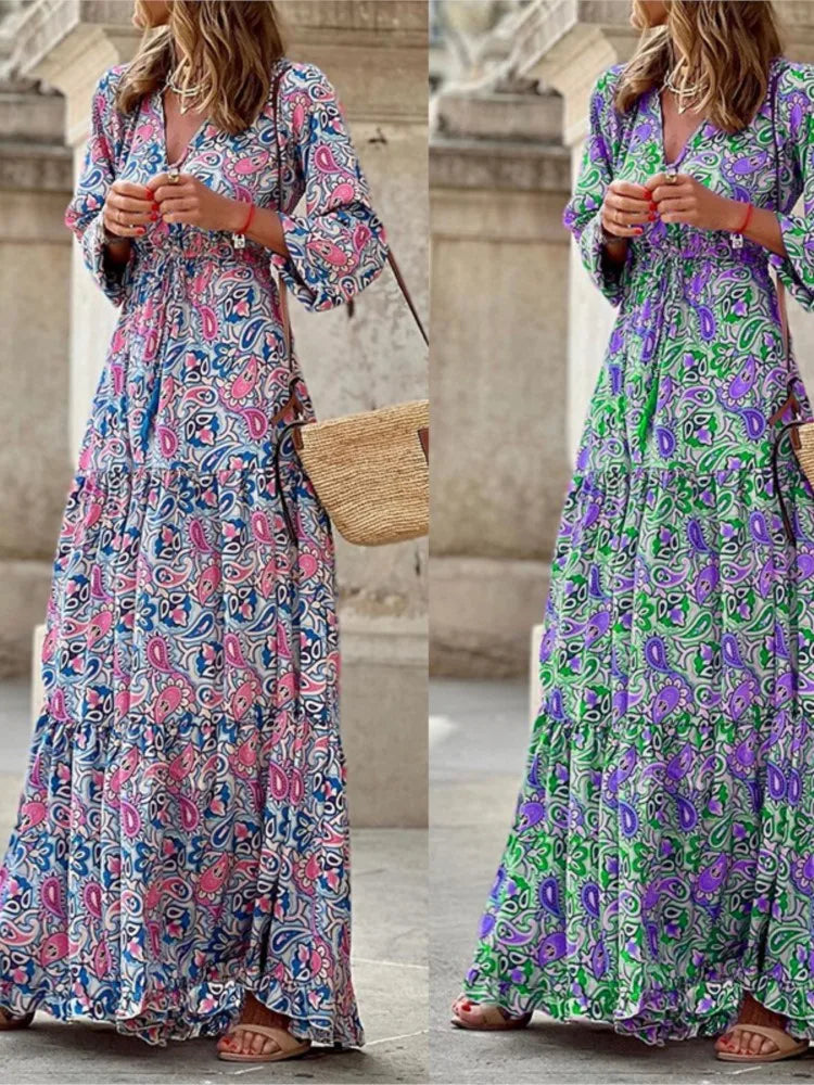 Autumn Fashion Women’s Printed Dress – V-Neck, Long Sleeve, High Waist Boho Midi Dress