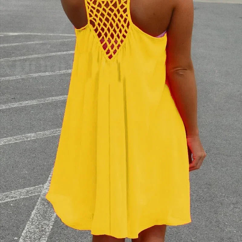 Loose Casual Summer Mini Dress – Sleeveless Spaghetti Strap Hollow-Out Bodycon