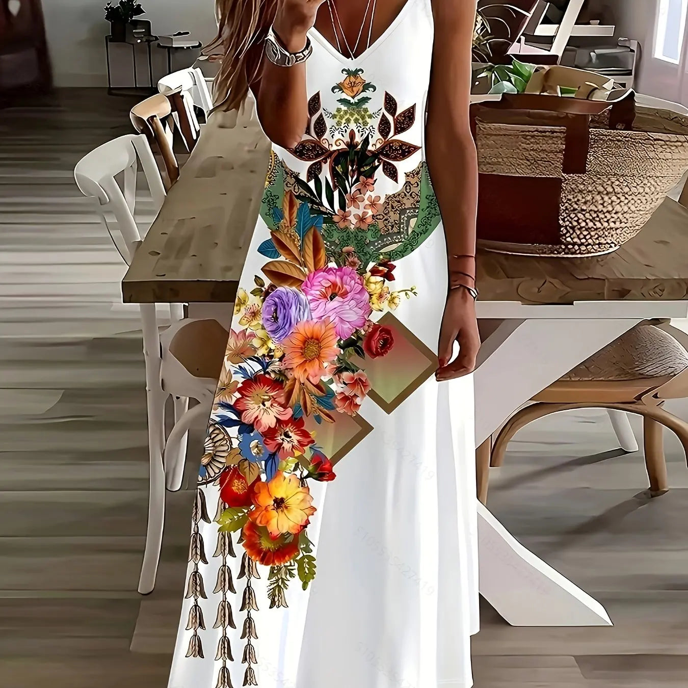 Retro Fishing Net Print Sleeveless Suspender Ankle-Length Dress