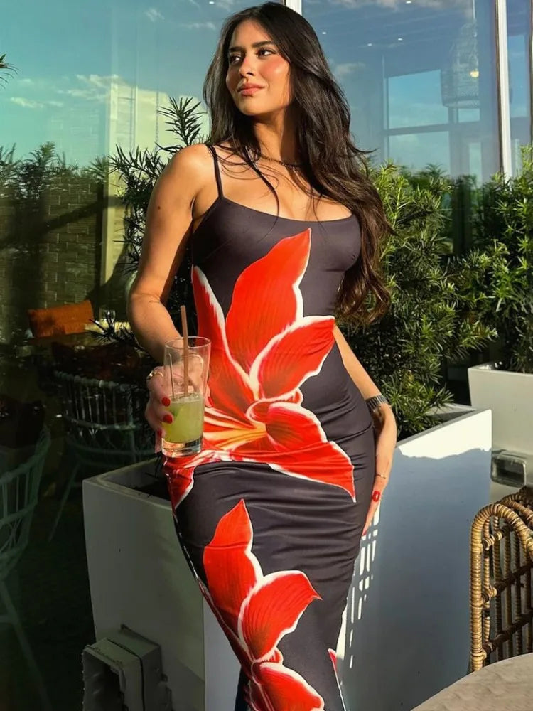 Robe longue imprimée d'été Tossy pour femme – Dos nu, taille haute, fines bretelles