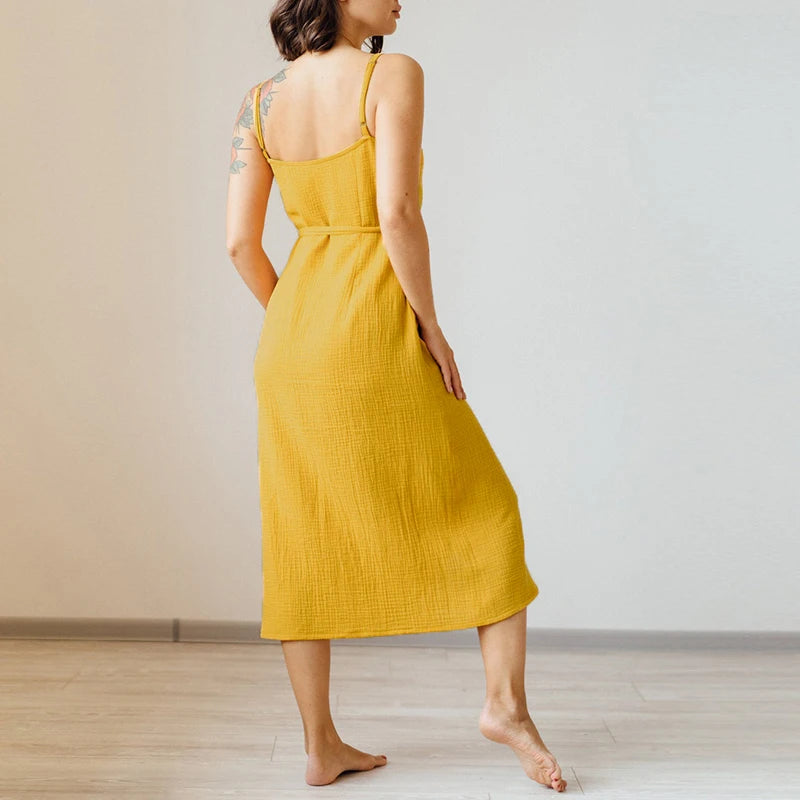 Vintage Women’s 100% Cotton Crepe Gauze V-Neck Sleeveless Bandage Long Maxi Dress - Chic summer dress for women