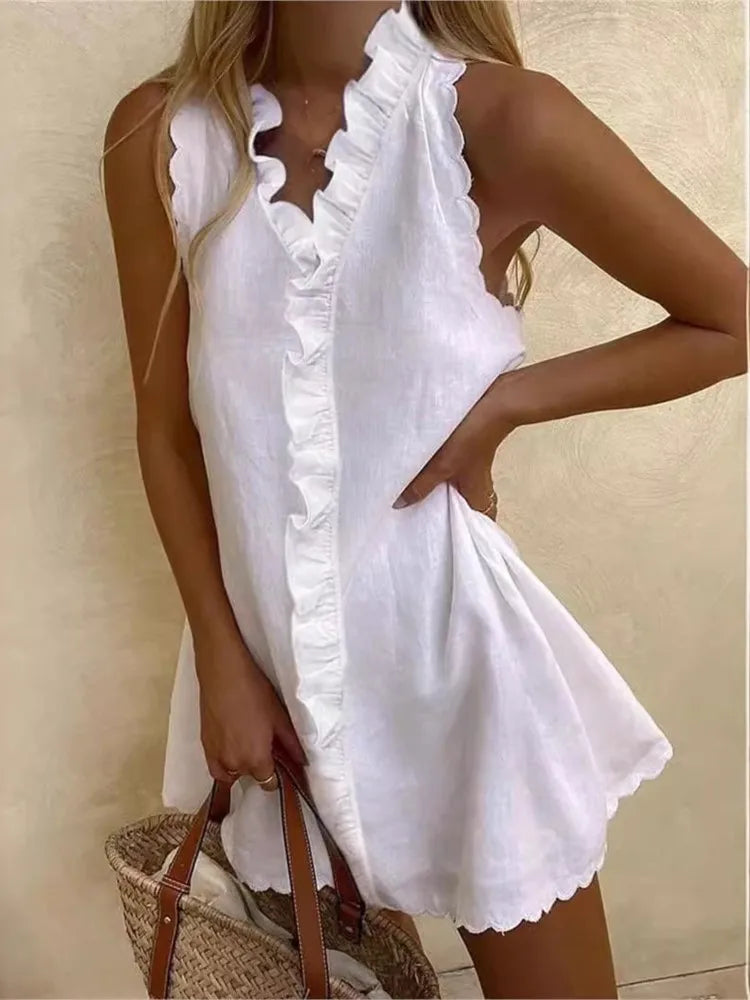White Cotton Linen Mini Dress – Sleeveless V-Neck Ruffle Boho Summer Dress