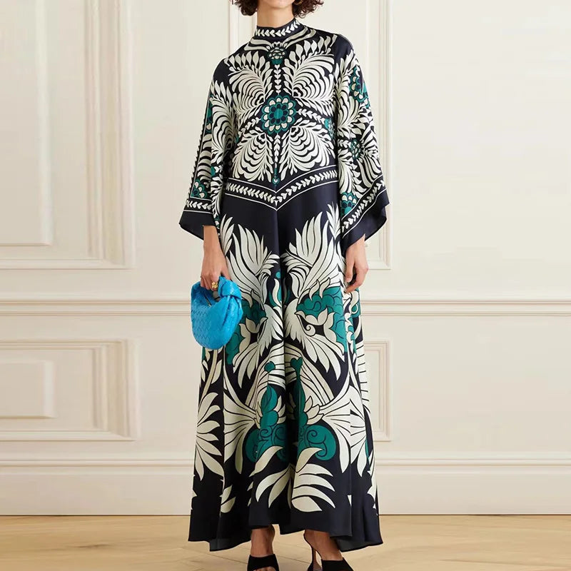 Robe imprimée élégante à col montant – Robe décontractée taille haute à manches longues et ample
