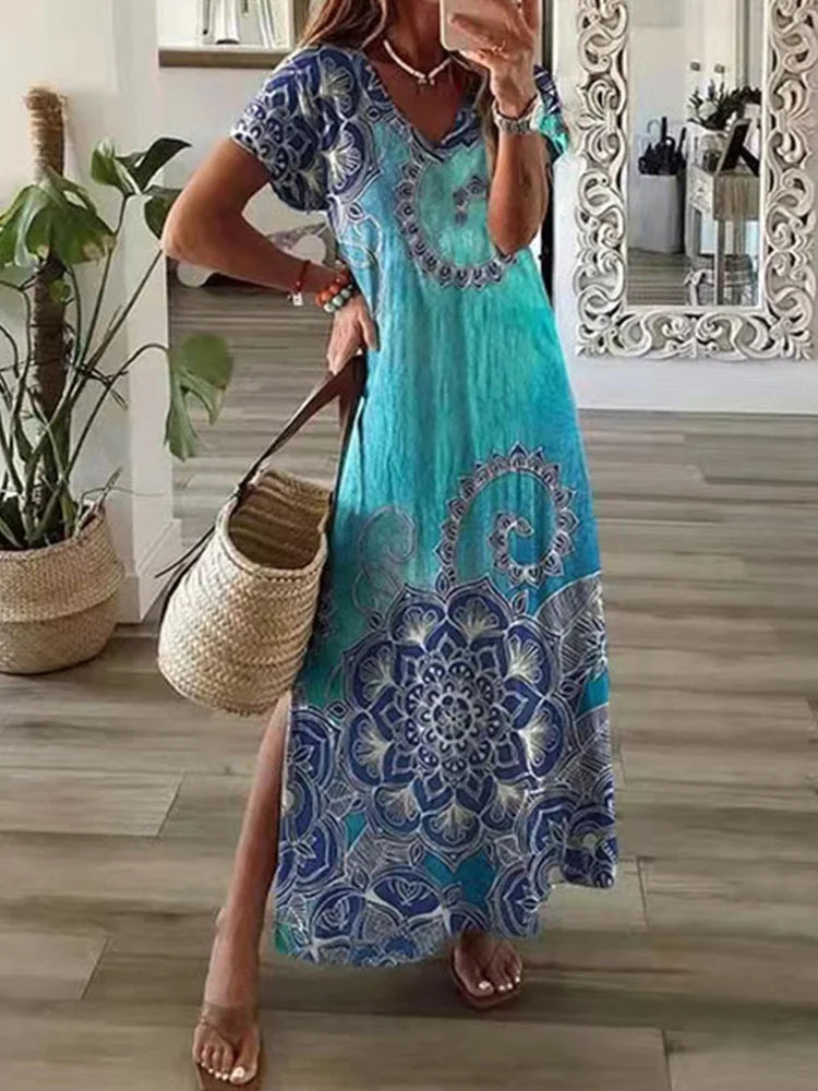 Geometric Print T-Shirt Maxi Dress – Casual Summer A-Line Dress with Short Sleeves