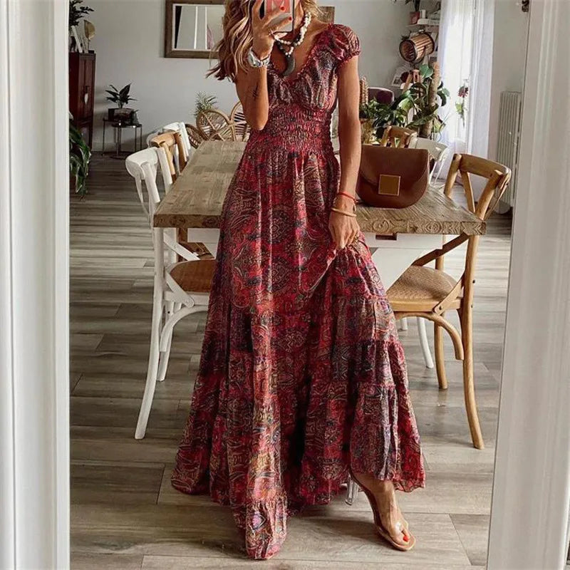 Summer Ethnic Printed A-Line Dress – Floral Petal Sleeves & Waist Detail