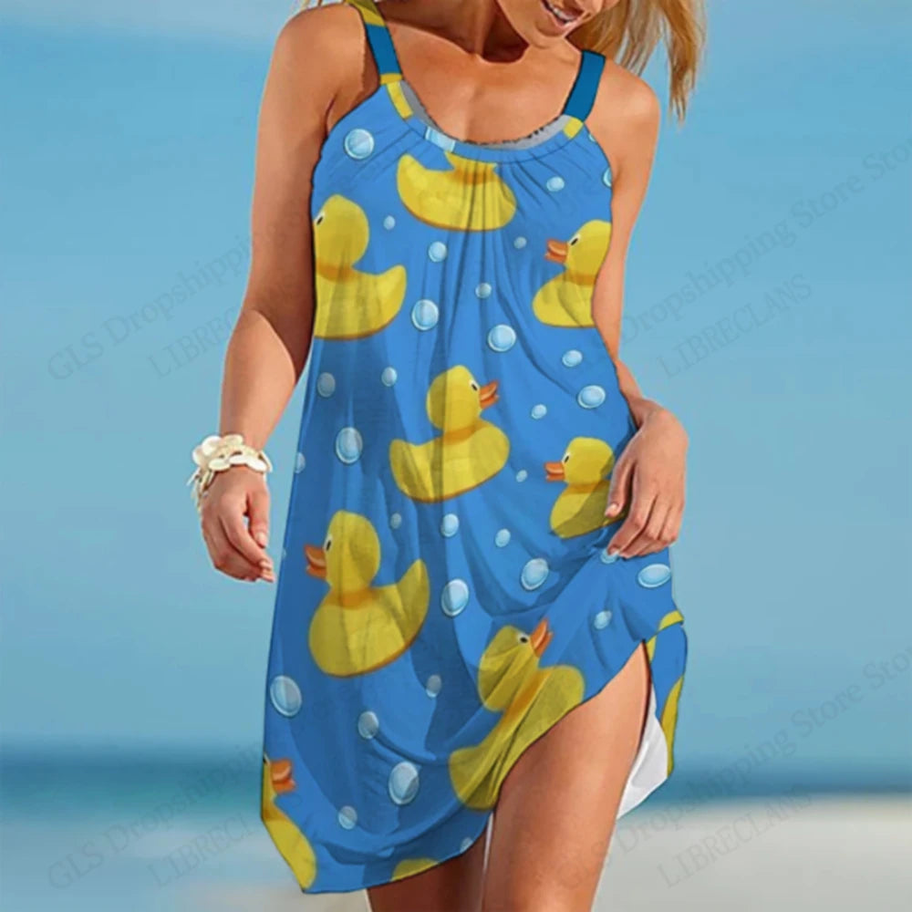 Hawaiian Beach Dress for Women – 3D Duck Print Summer Midi Strap Bohemian Sundress