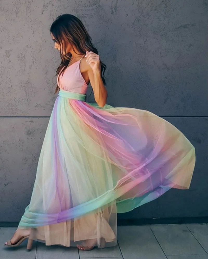 Robe en maille arc-en-ciel pour femme – Robe de plage sexy à col en V profond et taille haute pour l'été