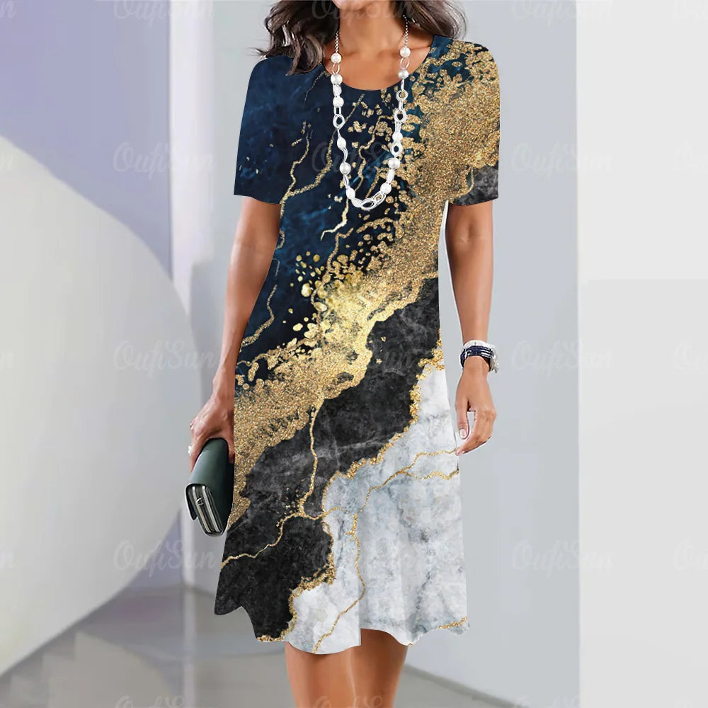 New Women’s Plus Size Midi Dress – Elegant Graphic Print Summer One-Piece