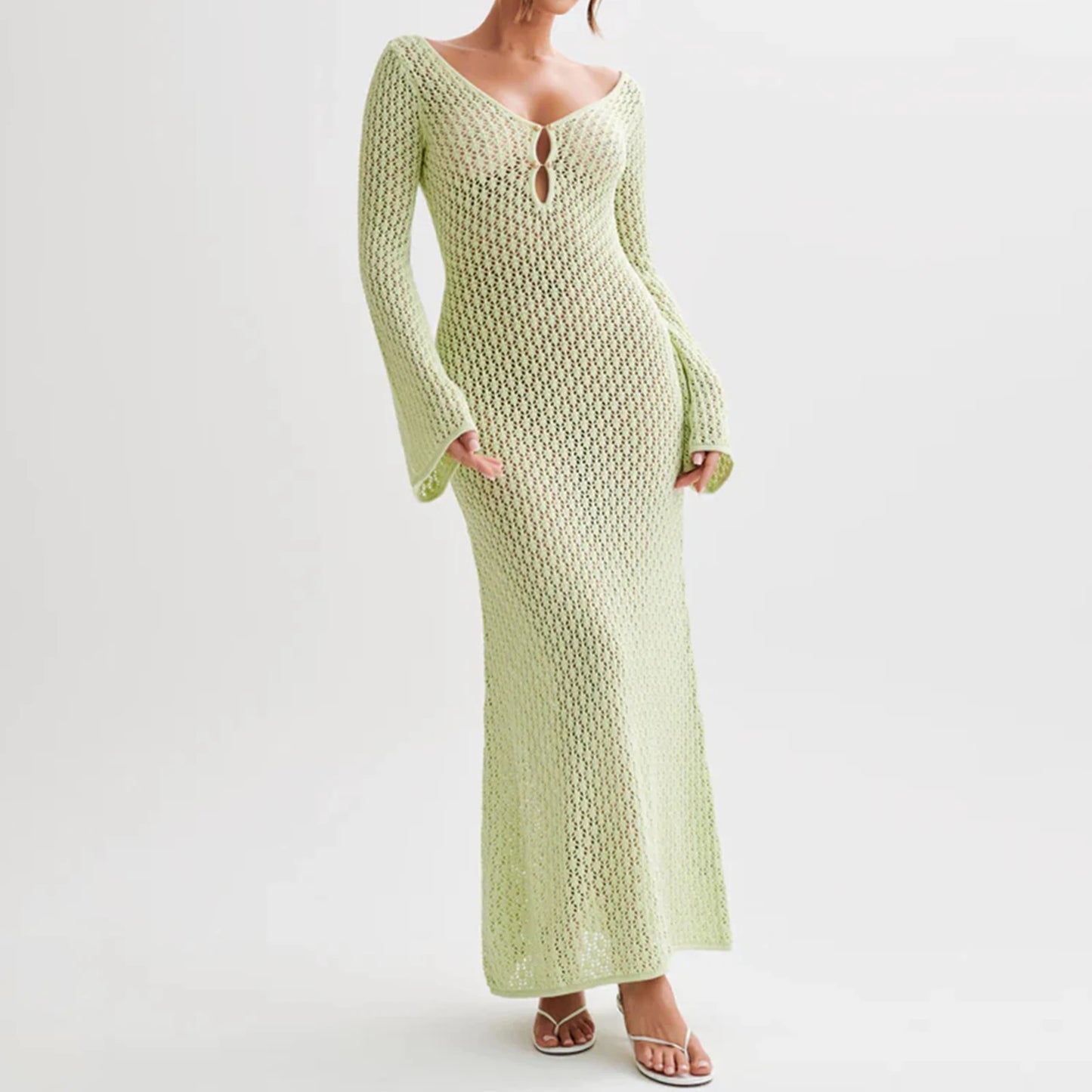 Yiiciovy Sexy Long Knit Hollow-Out Deep V-Neck Beach Cover-Up Dress