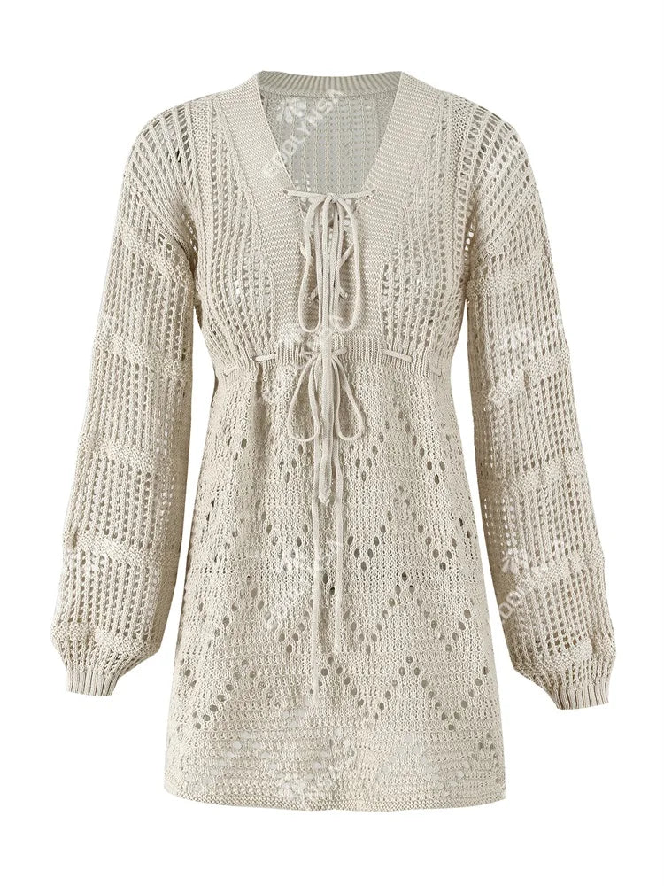 Sexy Deep V-neck Lace-up Mesh Mini Dress – Summer Beach Cover-Up