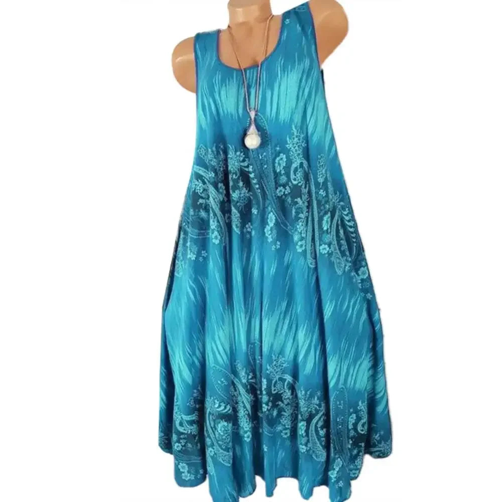 Women’s Summer Floral Pleated Dress – Round Neck Sleeveless Loose Plus Size Tank Dress