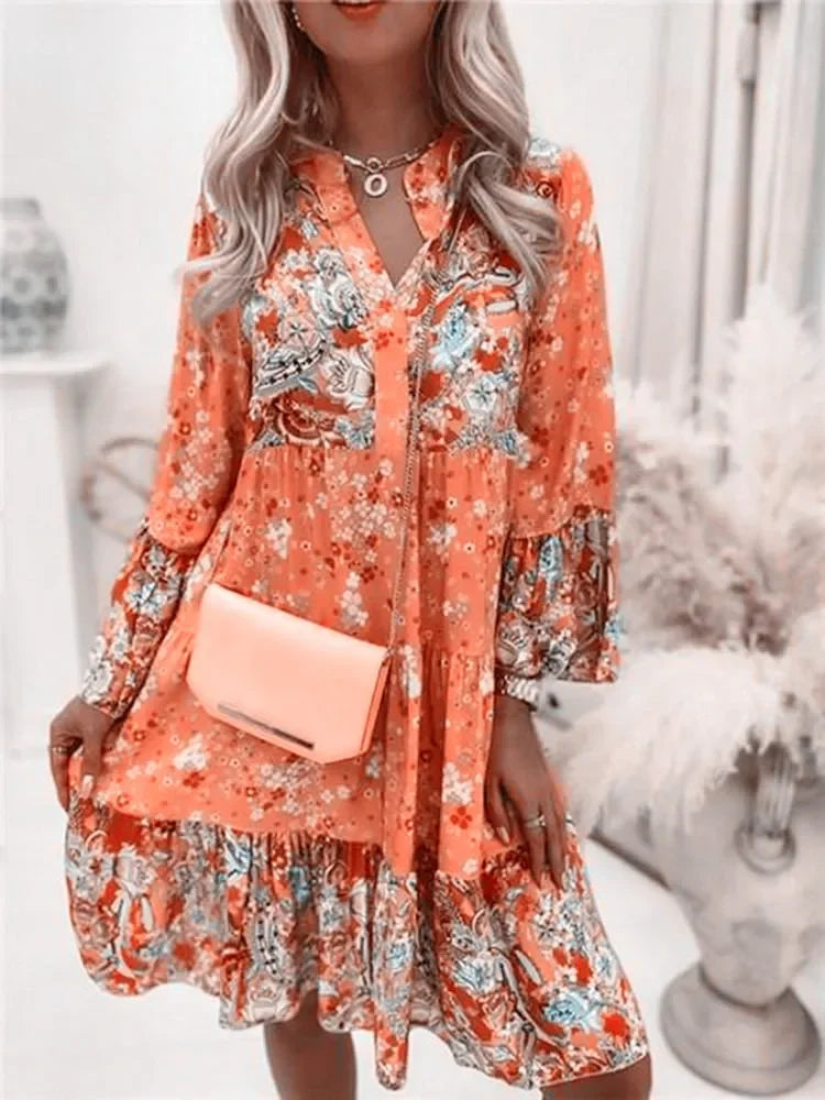 Boho V-Neck A-Line Dress – Summer Loose Printed Beach Party Dress