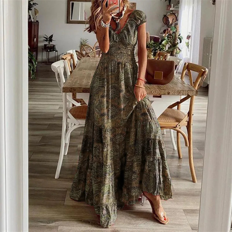 Summer Ethnic Printed A-Line Dress – Floral Petal Sleeves & Waist Detail
