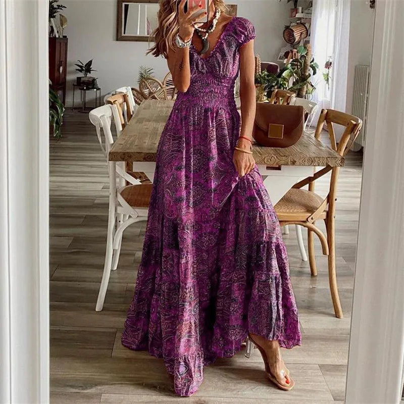 Summer Ethnic Printed A-Line Dress – Floral Petal Sleeves & Waist Detail