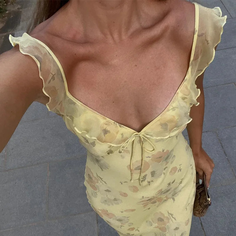 Women’s Floral Cami Bodycon Dress – Deep V Neck Tie Bow Backless Spaghetti Strap Dress