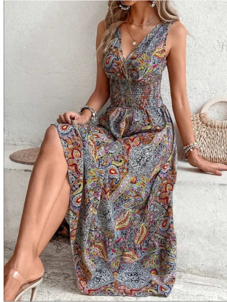 Boho Print Sleeveless Maxi Dress – Summer Beach Holiday Dress for Women