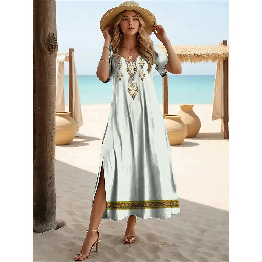 Robe longue fendue style bohème d'été – Robe pull à manches courtes et col en V pour femme