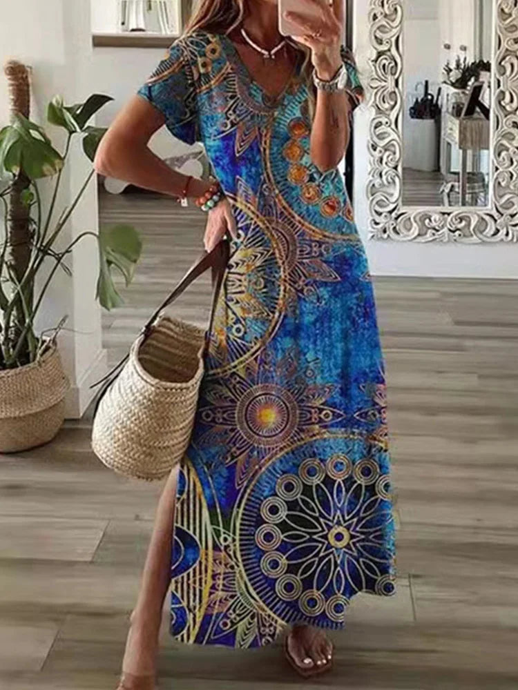 Geometric Print T-Shirt Maxi Dress – Casual Summer A-Line Dress with Short Sleeves
