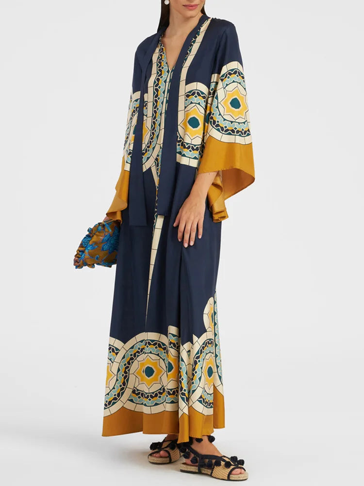 Robe imprimée élégante à col montant – Robe décontractée taille haute à manches longues et ample