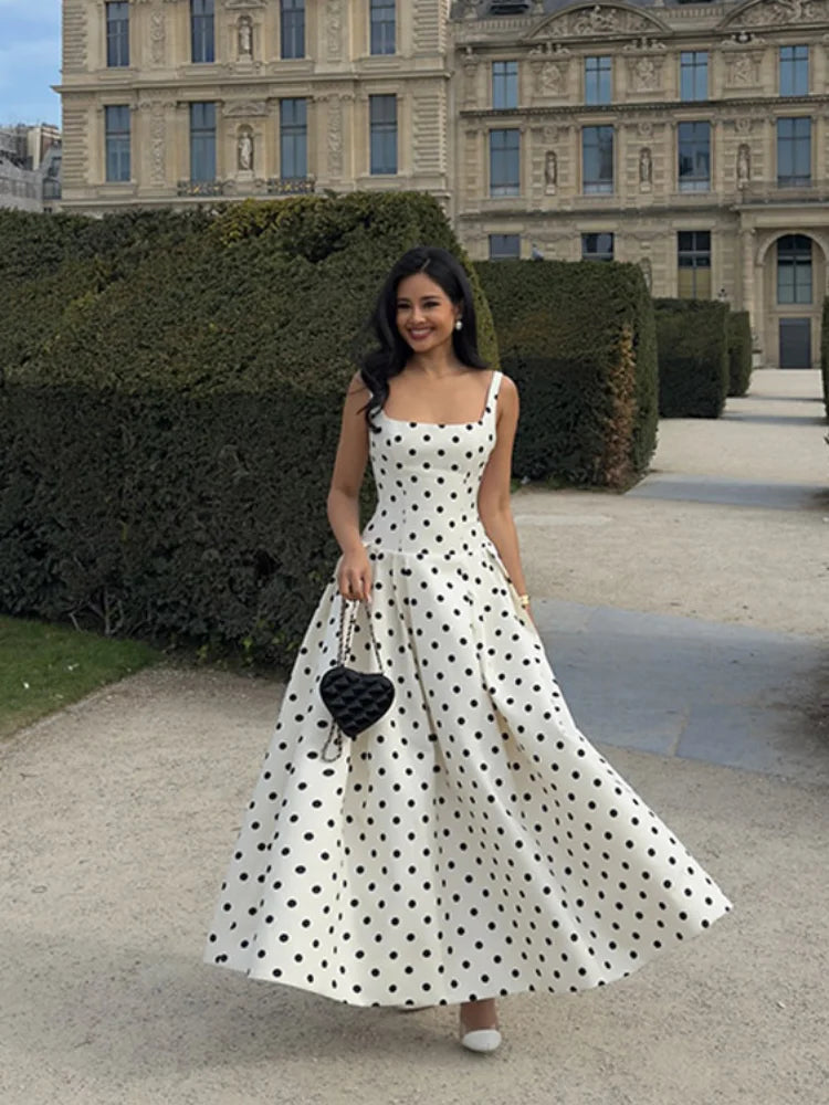 Polka Dot Maxi Dress – Elegant Square Neck Sleeveless High Waist Gown